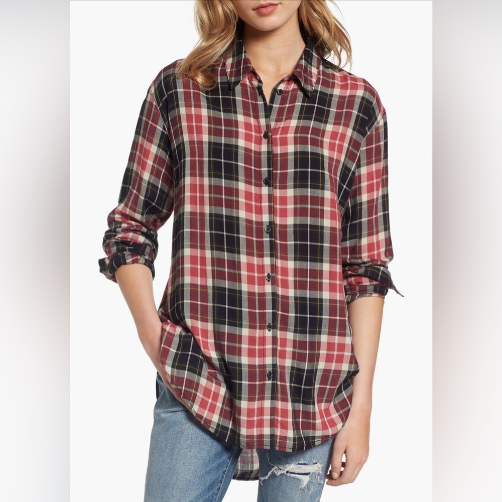 Treasure and Bond Relaxed Open Back Plaid Cotton Button Down Size Small